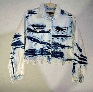 VIGOSS Women's Tie-Dye Blue/White Cropped Denim Jacket Distressed Like NEW!